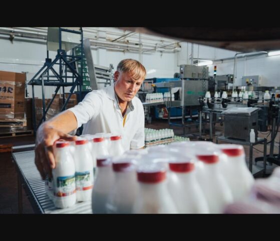 Angajat al Fabricii de Unt din Florești la linia de îmbuteliere a produselor lactate